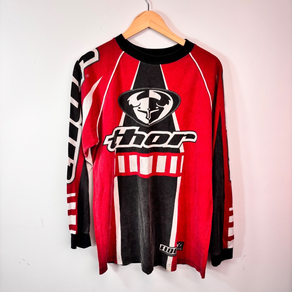Vintage Thor Motocross Jersey Large Red Black White Made USA 90s Racing MX AOP